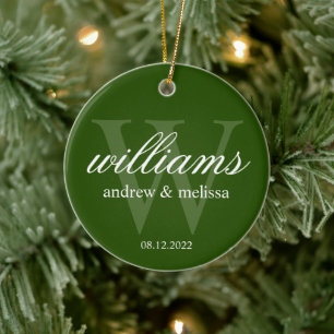 Personalized Green and White Monogram Ceramic Ornament