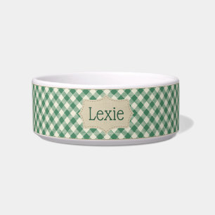 Personalized Green and White Plaid Pet Bowl