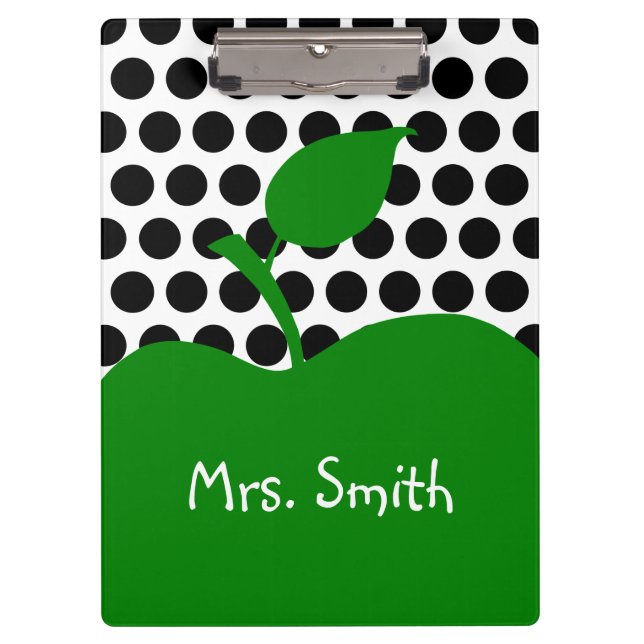 Personalized Green Apple White and Black Polka Dot Clipboard (Front)