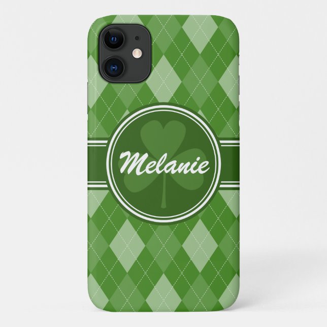 Personalized Green Argyle Pattern with Clover Case-Mate iPhone Case (Back)
