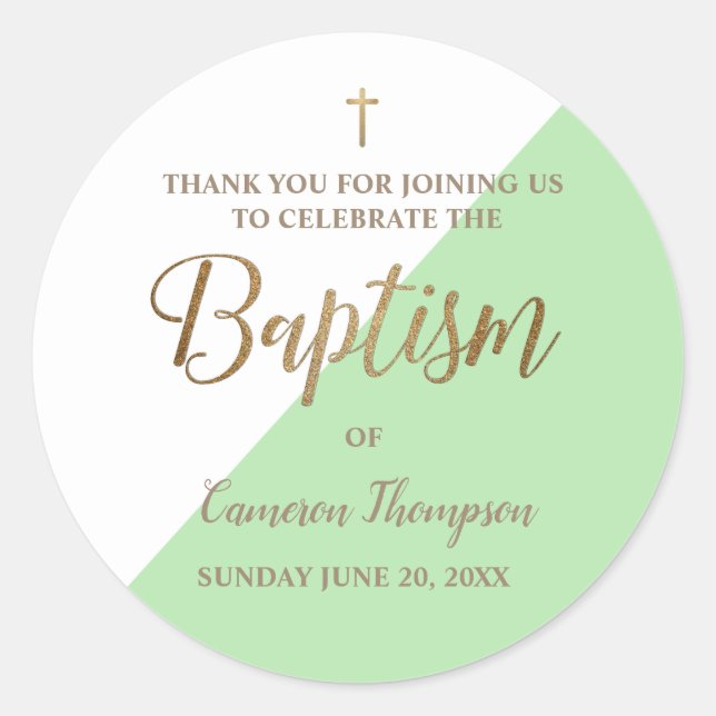 Personalized green Baby baptism thank you Classic Round Sticker (Front)