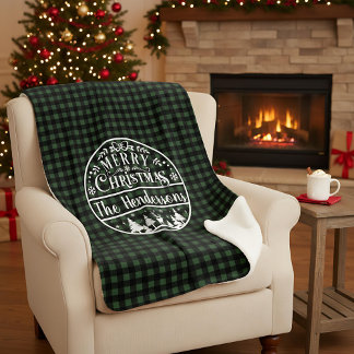 Personalized Green & Black Plaid Merry Christmas Sherpa Blanket