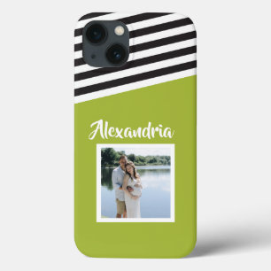 Personalized Green Black White Stripe Pattern iPhone 13 Case