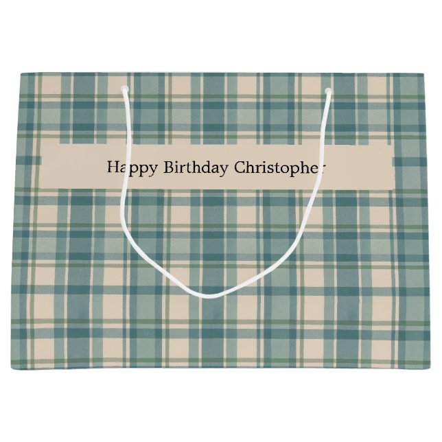 Personalized Green Blue Beige Plaid Men's Birthday Large Gift Bag (Front)