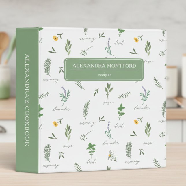 Personalized Green Botanical Recipe Binder (sweet cottagecore farmhouse sage green recipe binder with custom name in elegant typography)