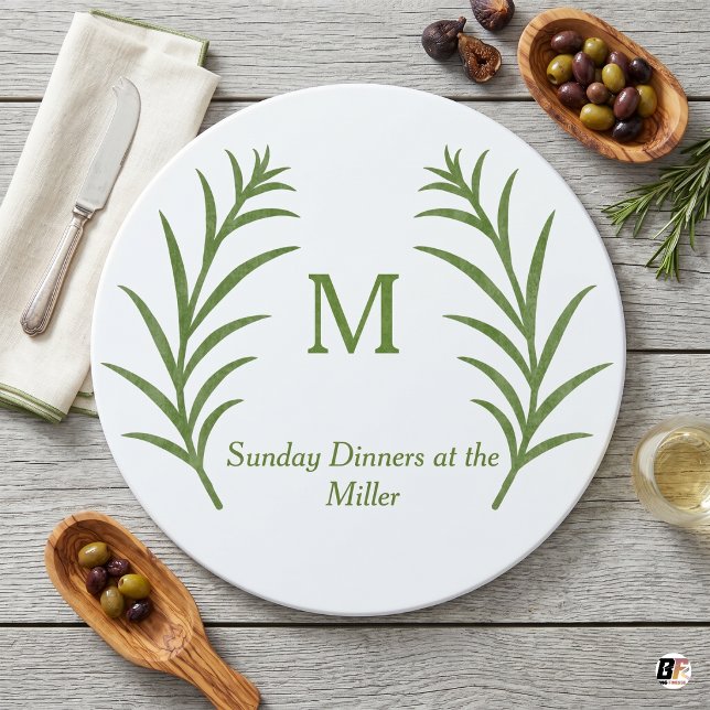 Personalized Green Botanical Wreath Monogram Round Cutting Board (#mother'sday)