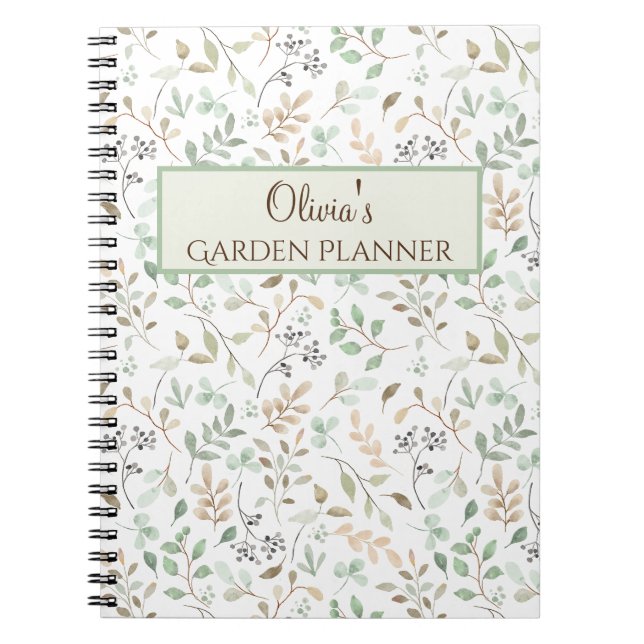 Personalized Green & Brown Floral Garden Planner Notebook (Front)