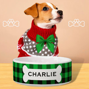 Personalized Green Buffalo Plaid Dog Bone Name Bowl