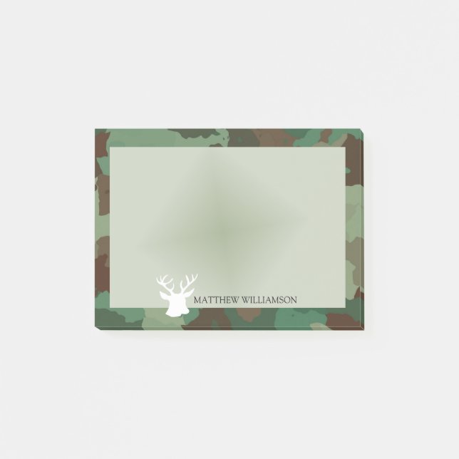 Personalized Green Camo Frame with Buck Silhouette Post-it Notes (Front)