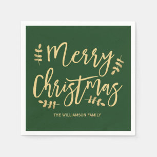 Personalized Green Christmas Napkins, Gold Text Napkin