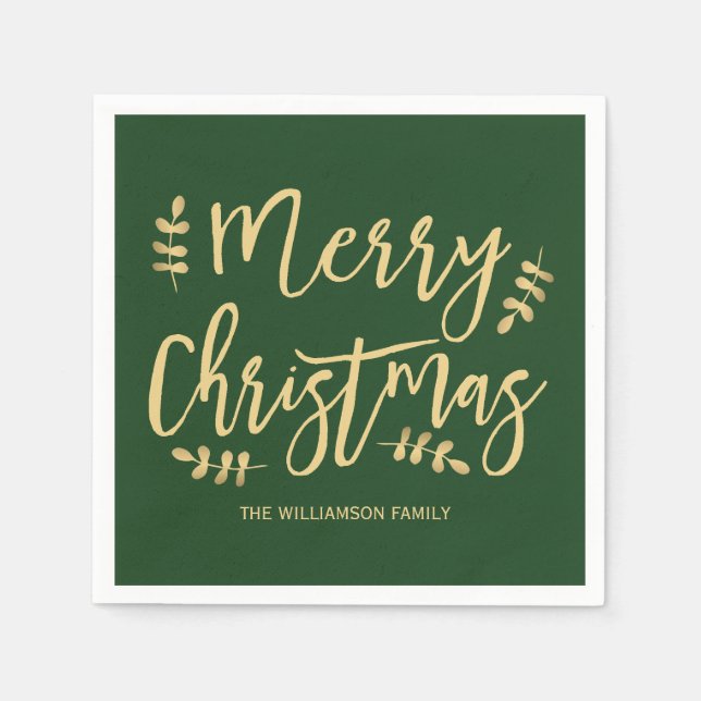 Personalized Green Christmas Napkins, Gold Text Napkin (Front)