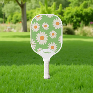 Personalized Green Daisy Floral Retro Pickleball Paddle
