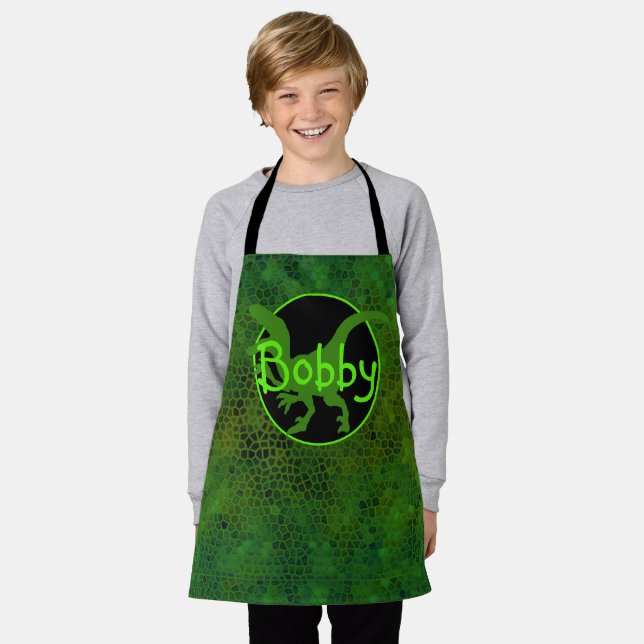 Personalized Green Dinosaur Hide Kids Print Apron (Worn)