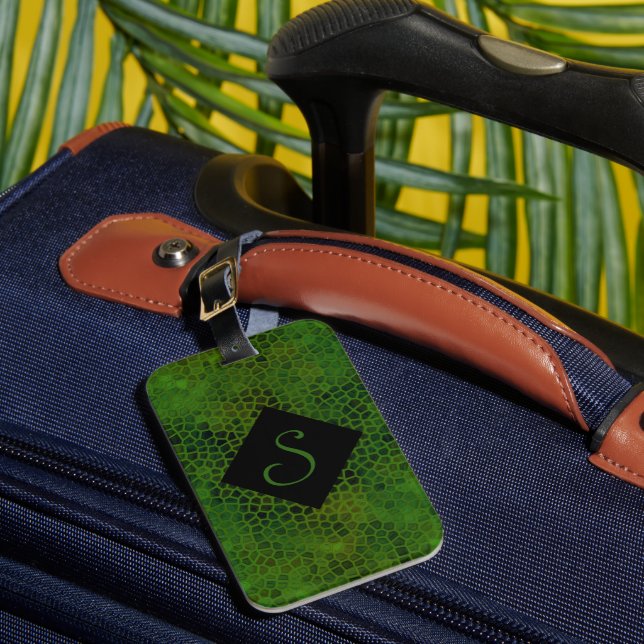 Personalized Green Dinosaur Hide Luggage Tag (Front Insitu 1)
