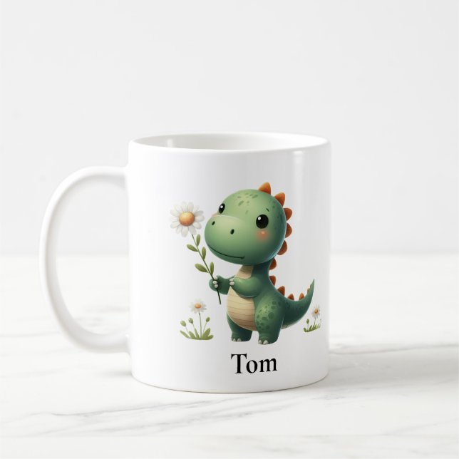 Personalized Green Dinosaur with Flower Coffee Mug (Left)