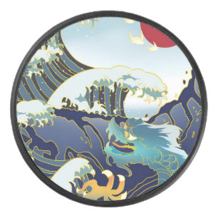 Personalized Green Dragon Blue Wave Red Sun Hockey Puck