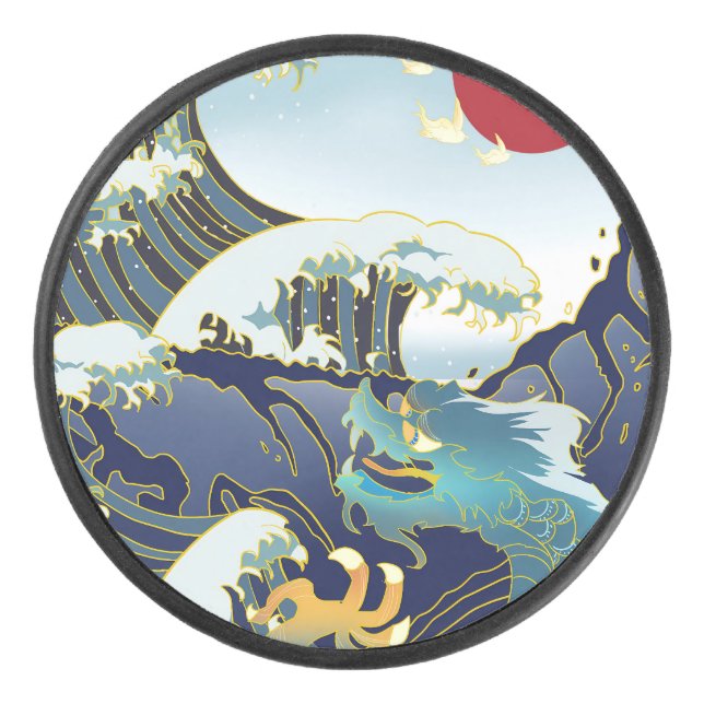 Personalized Green Dragon Blue Wave Red Sun Hockey Puck (Front)
