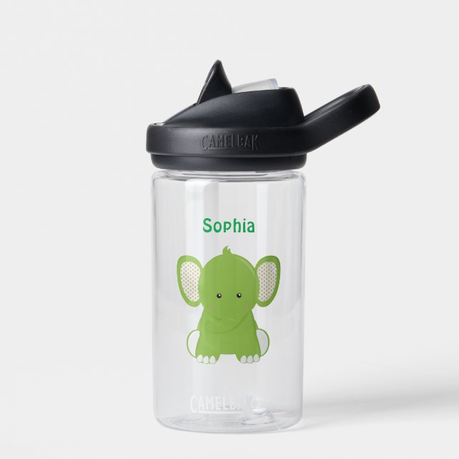 Personalized Green Elephant Water Bottle (Left)