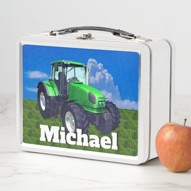Personalized Green Farm Tractor Metal Lunch Box (In Situ)
