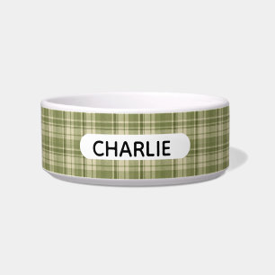 Personalized Green Farmhouse Style Plaid Pet Bowl