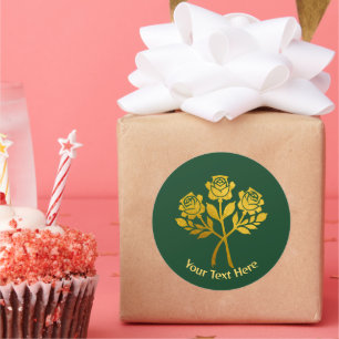 Personalized Green Faux Gold Floral Roses Classic Round Sticker