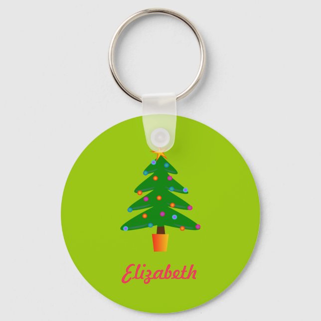 Personalized Green Festive Christmas Tree Keychain (Front)