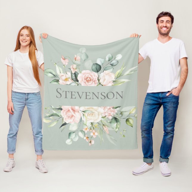 Personalized Green Floral Pink Blush Watercolor  Fleece Blanket (In Situ)