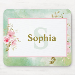 Personalized Green Floral with Name and Monogram Mouse Pad