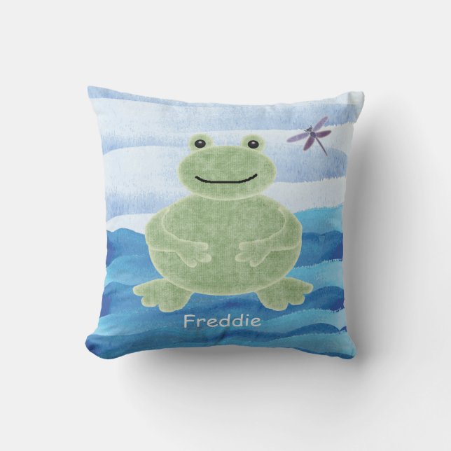Personalized Green Frog Pillow with Dragonfly (Front)
