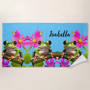 Personalized Green Frog Surrounded by Pink Flowers Beach Towel