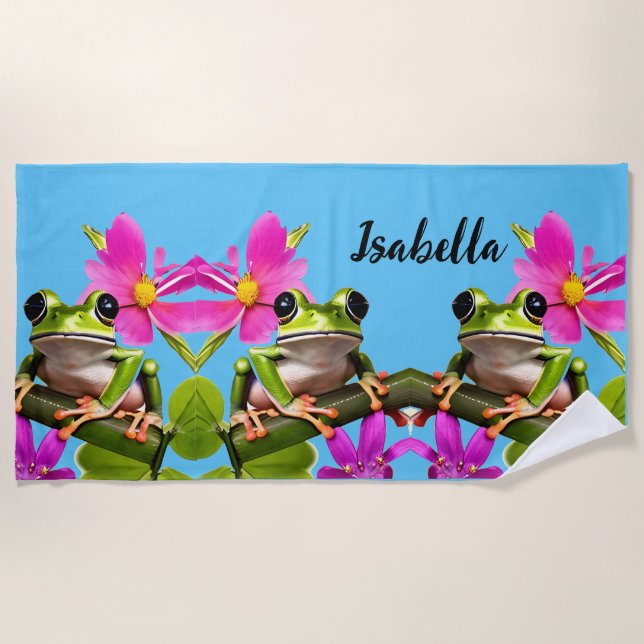 Personalized Green Frog Surrounded by Pink Flowers Beach Towel (Front)