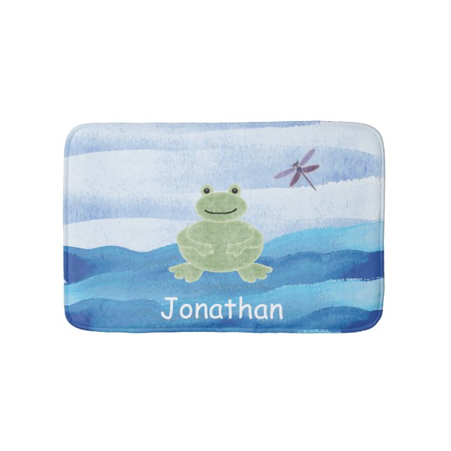 Personalized Green Frog with Dragonfly for kids Bath Mat (Front)