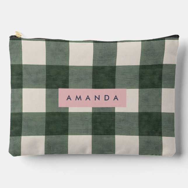Personalized Green Gingham Checkered Accessory Pouch (Front)
