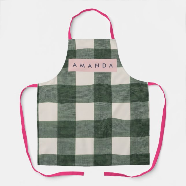 Personalized Green Gingham Checkered Apron (Front)