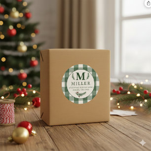 Personalized Green Gingham Christmas Monogram Classic Round Sticker