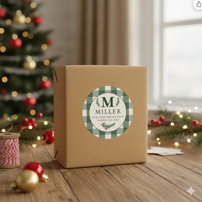 Personalized Green Gingham Christmas Monogram Classic Round Sticker (Creator Uploaded)
