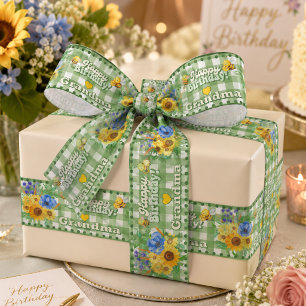 Personalized Green Gingham Floral Birthday Satin Ribbon