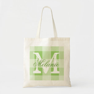 Personalized green gingham monogram tote bag