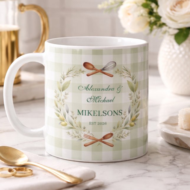 Personalized Green Gingham Newlywed Wedding Coffee Mug (Creator Uploaded)