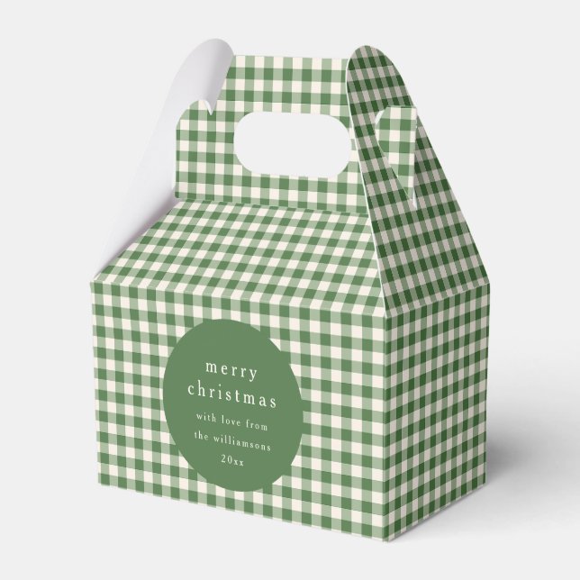 Personalized Green Gingham Plaid Name Christmas Favor Box (Front Side)