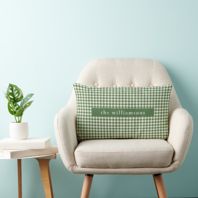 Personalized Green Gingham Plaid Name Christmas Lumbar Pillow (Chair)