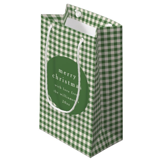 Personalized Green Gingham Plaid Name Christmas Small Gift Bag (Front Angled)