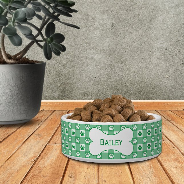 Personalized Green Gingham with Paw Prints Bone Bowl (Creator Uploaded)