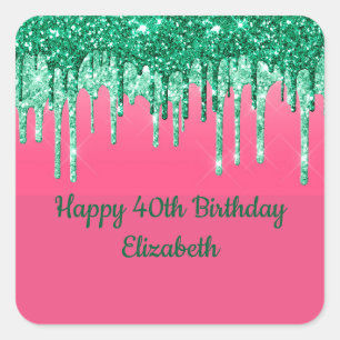 Personalized Green Glitter Drips Pink Party Square Sticker