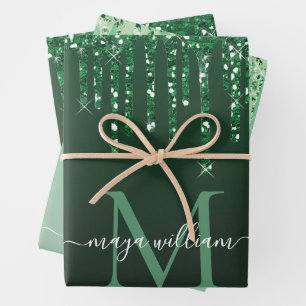 Personalized Green Glitter Drips  Wrapping Paper Sheet