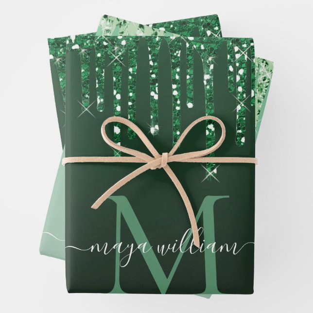 Personalized Green Glitter Drips  Wrapping Paper Sheet (In situ)