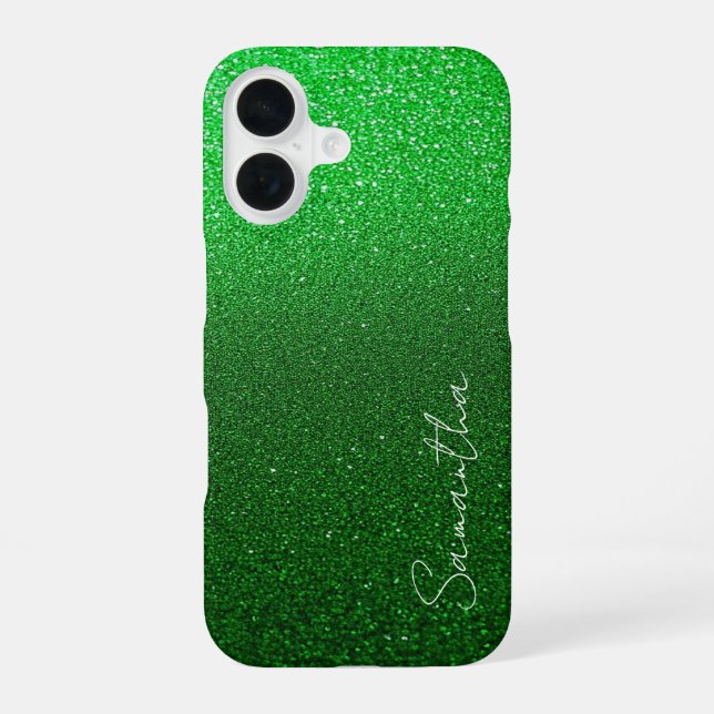 Personalized Green Glitter iPhone 16 Case (Back)