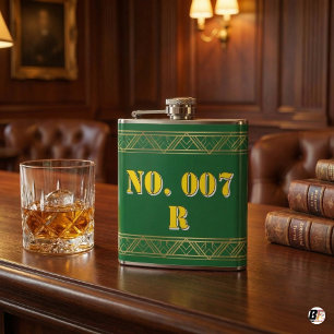Personalized Green & Gold Art Deco Custom Text Vin Hip Flask