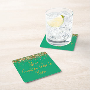 Personalized Green Gold Birthday Party Anniversary Square Paper Coaster