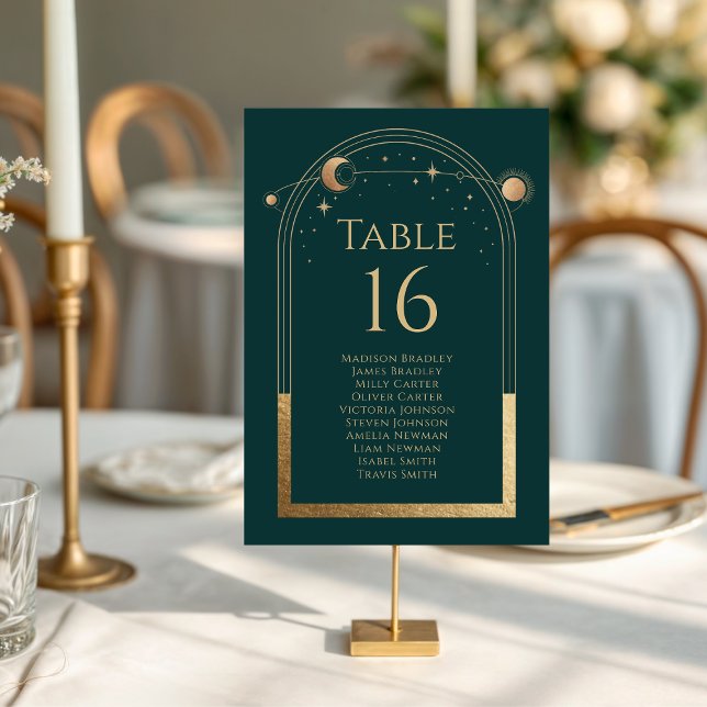 Personalized Green Gold Celestial Wedding Table Number (Creator Uploaded)